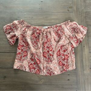 MADEWELL Red Watercolor Paisley 100% Silk Off The Shoulder Crop Blouse - size L